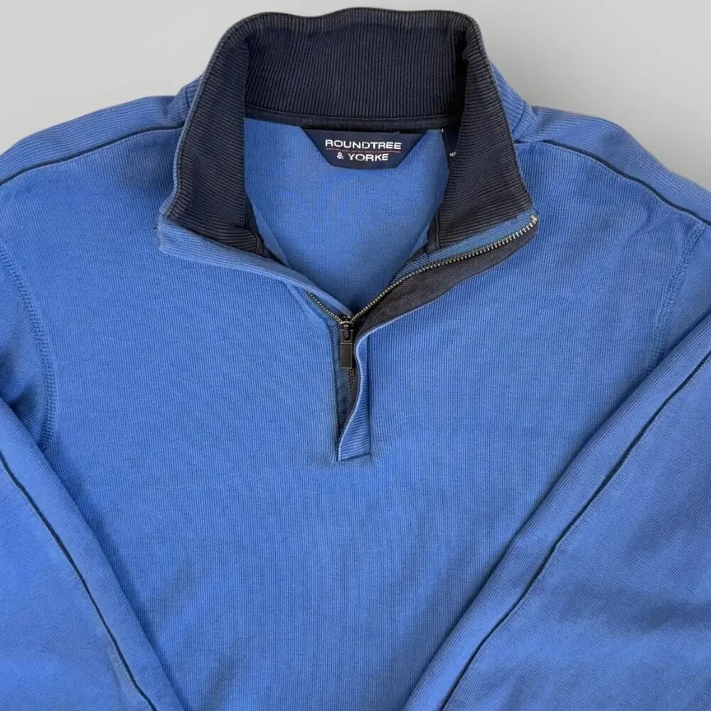 Roundtree & Yorke Long Sleeves 1/4 Zip Pullover Sweatshirt Cotton Size M Blue